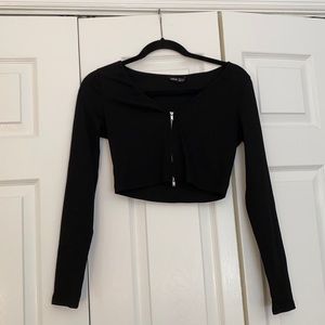 Black Cropped Long Sleeve Zip Up Top
